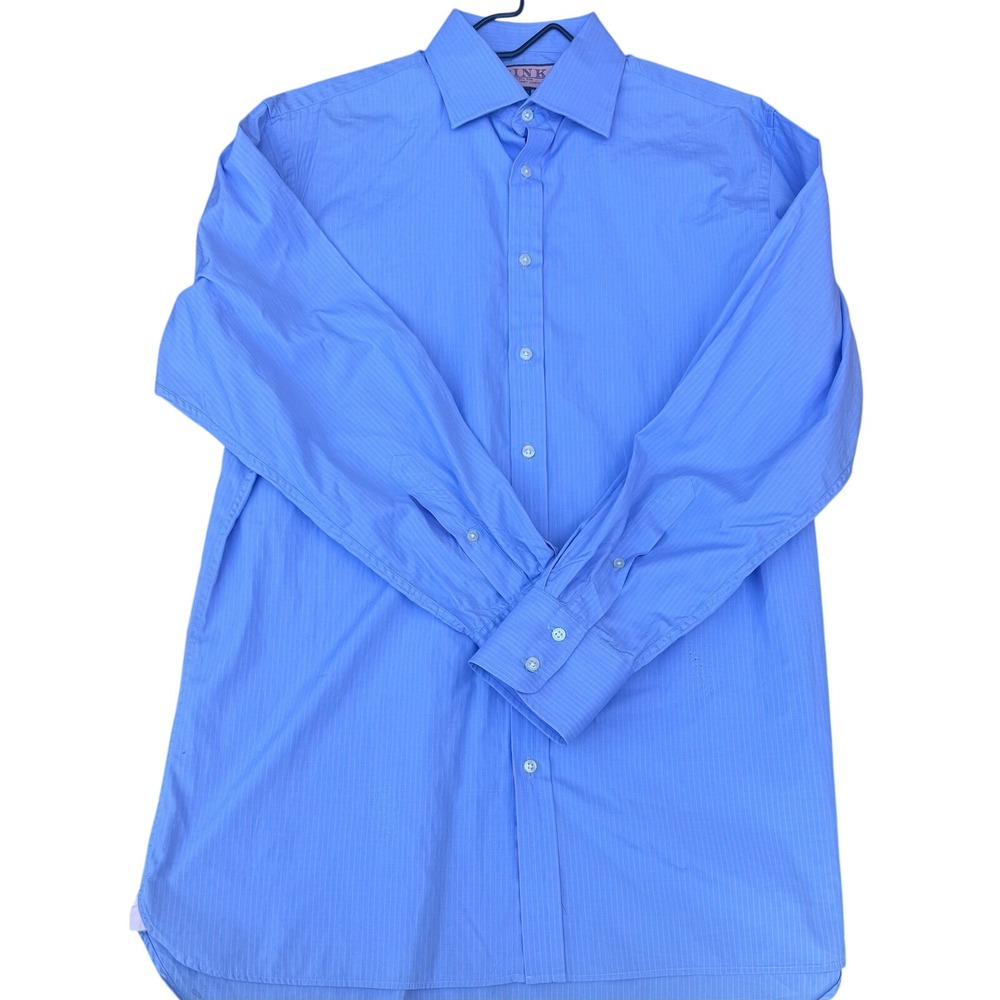 Thomas Pink Dress Shirt Blue Pink Pinstripe Classic Fit Mens 15.5 34